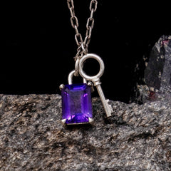 Gem Padlock and Key Charm Necklace - Amethyst