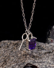 Gem Padlock and Key Charm Necklace - Amethyst