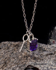 Gem Padlock and Key Charm Necklace - Amethyst