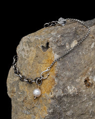 Mixed Chain Hook Bracelet with White Pearl and Herkimer