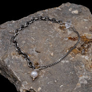 Mixed Chain Hook Bracelet with White Pearl and Herkimer
