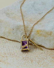 Gem Padlock and Key Charm Necklace - Amethyst