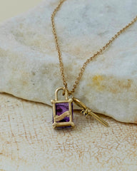 Gem Padlock and Key Charm Necklace - Amethyst