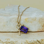 Gem Padlock and Key Charm Necklace - Amethyst