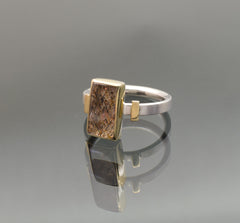 Rainbow Lattice Sunstone 14k Yellow Gold Bar and Sterling Silver Ring