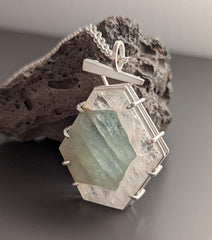 Hexagonal Aquamarine in Quartz Crystal Inclusion Pendant